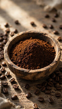 Aromatic ground coffee in a rustic wooden bowl surrounded by coffee beans, with soft morning light casting gentle shadows, creating a warm and inviting atmosphere