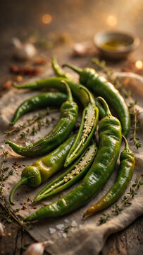 Artistic Arrangement of Green Chili Peppers Displayed with Soft Focus and Warm Lighting Emphasizing Their Color and Texture for Creative Culinary Presentation