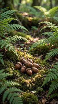 A cluster of acorns nestled in moss, surrounded by vibrant green ferns, captured in a serene woodland setting with dappled sunlight filtering through the trees