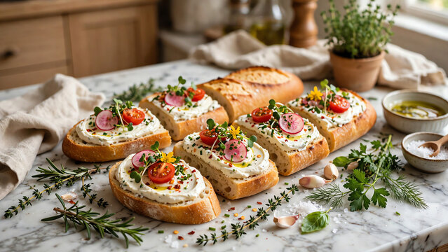 A sliced baguette on a marble countertop, topped with creamy spread and vibrant garnishes, surrounded by fresh herbs, creating a cozy kitchen atmosphere