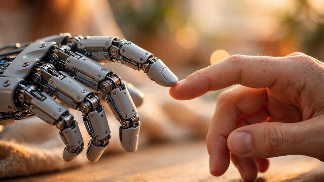 Close-Up of a Robotic Hand Gently Touching Human Fingers, Symbolizing the Harmonious Collaboration Between Humans and AI Technology in a Warm, Inviting Atmosphere