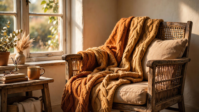 Cozy blanket draped over a rustic armchair by a sunlit window, warm hues creating a serene atmosphere, showcasing soft textures and inviting comfort