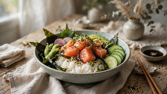 Artistic Presentation of a Salmon Poke Bowl Featuring Luscious Rice, Crisp Cucumber, and Seaweed, Captured in Soft Lighting on a Charming Table Setting