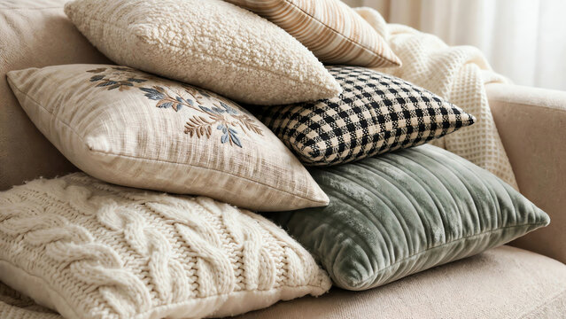 A close-up view of fluffy soft pillows stacked on a stylish couch, showcasing various textures and patterns, illuminated by soft diffused light for an inviting and comfortable feel