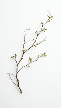 Delicate single tree branch elegantly positioned on pure white canvas, emphasizing its unique structure and the beauty of nature in a minimalist style