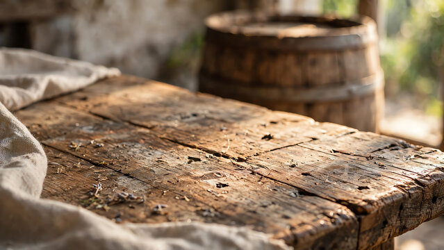 Close-Up of a Worn Wooden Table Surface with a Barrel in the Background, Bathed in Natural Light that Highlights Textures and Invites a Cozy, Relaxing Ambiance