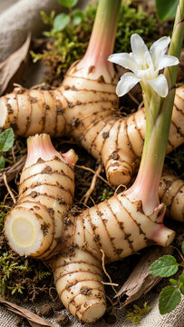 Close-Up of Fresh Galangal Root with Delicate White Flower, Soft Diffused Lighting Creating Gentle Shadows, Emphasizing Natural Beauty and Culinary Use