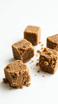Brown Sugar Cubes on a White Background with Soft Natural Lighting, Highlighting Textures and Details of Each Cube, Creating a Clean and Minimalist Aesthetic