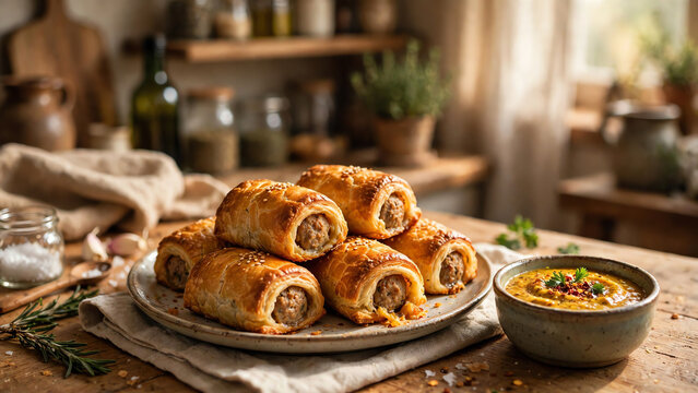 A Plate of Golden Brown Sausage Rolls with a Side of Tangy Dipping Sauce, Set Against a Cozy Kitchen Background Filled with Warm Light and Textures