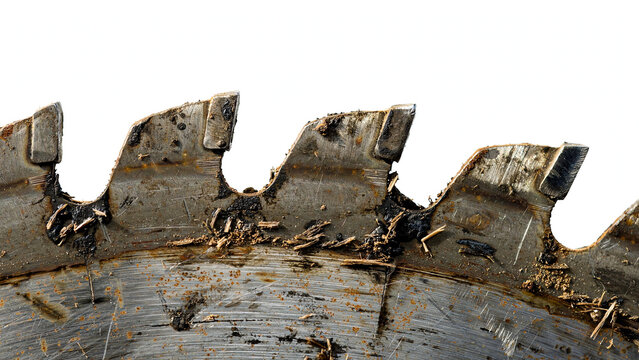 Detailed close-up of a circular saw blade with a focus on its teeth and wear marks, set against a stark white background, emphasizing its age and usage