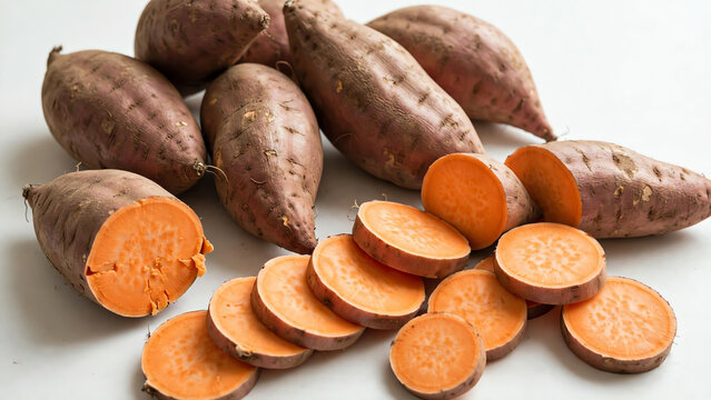 Artistic display of whole and sliced sweet potatoes, beautifully arranged with soft lighting enhancing their unique shapes and textures against a clean white surface