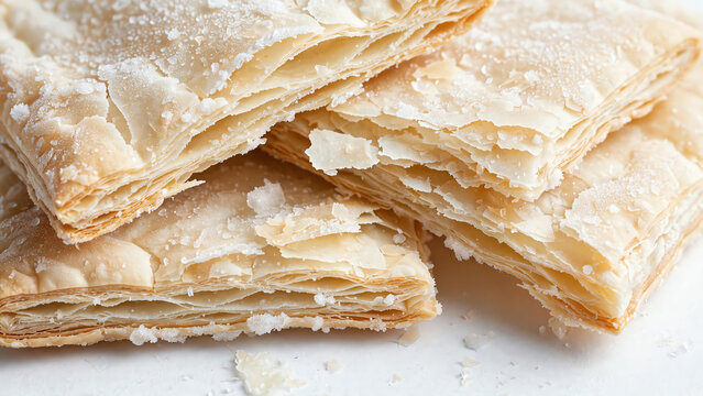 Detailed Close-Up of Frozen Puff Pastry Sheets Highlighting Their Intricate Texture and Layers on a Bright White Surface, Ideal for Food Photography and Styling