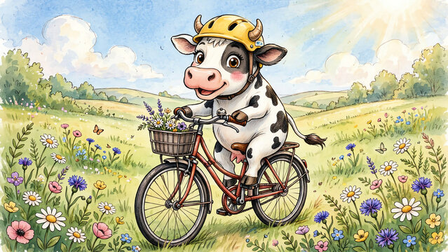 A charming illustration featuring a cheerful cow, proudly perched on a classic bicycle with a safety helmet, set in a sunny field with wildflowers blooming
