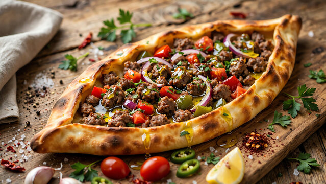 Aromatic Delight: A Beautifully Plated Turkish Pide with Juicy Meat, Colorful Vegetables, and a Drizzle of Olive Oil Against a Rustic Wooden Background
