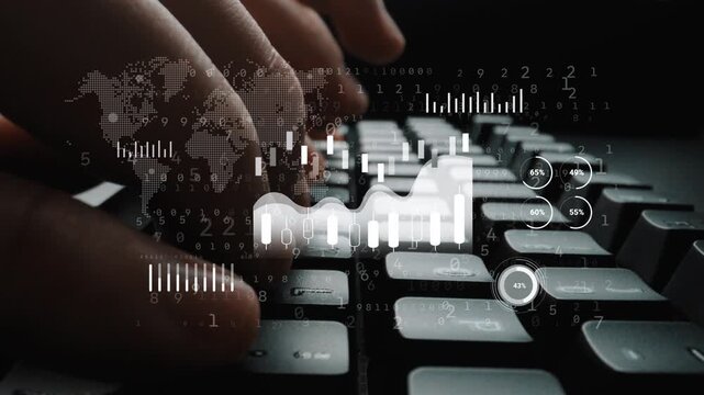Hands Typing on Keyboard with Digital Overlay of Global Data and Statistics, Technology Concept for Cybersecurity and Analytics. Entropy.