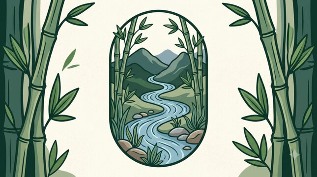 Eco friendly bamboo framed illustration of serene mountain stream USA, American, United States