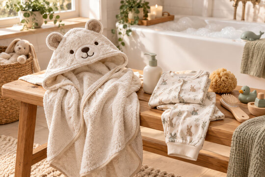 Cute Baby Bear Hooded Bath Towel and Organic Baby Clothes, Cozy Newborn Bath Essentials in Neutral Bathroom