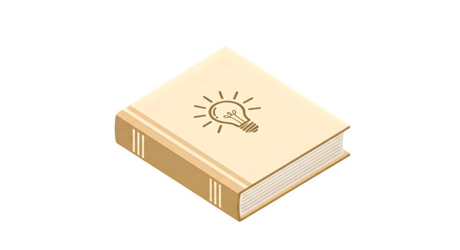 Isometric illustration of a vintage hardcover book featuring a light bulb icon symbol isolated on a clean transparent background