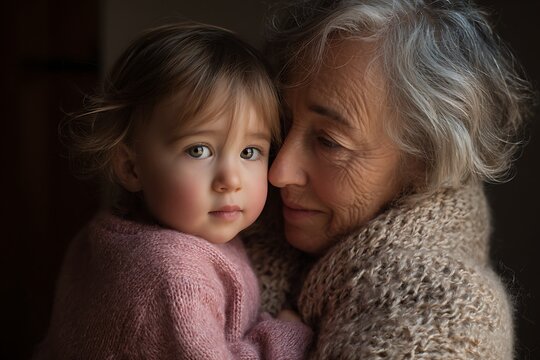 Senior woman and toddler girl sharing a warm and tender embrace