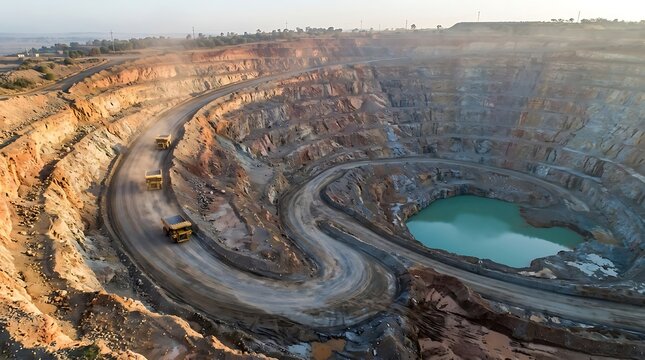 Aerial view of a vast open pit mine with heavy haul trucks navigating winding dirt roads around a vibrant turquoise water pool in a deep excavated landscape during the golden hour light