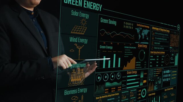 A professional presentation showcases innovative green energy solutions through engaging data visualizations, emphasizing the importance of sustainability and technology advancements. Cipher