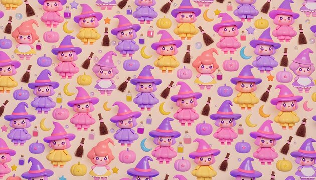 Cute cartoon witch pattern with pumpkins