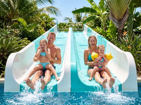 Happy family with two children enjoying a fun ride on water slides at a tropical resort pool