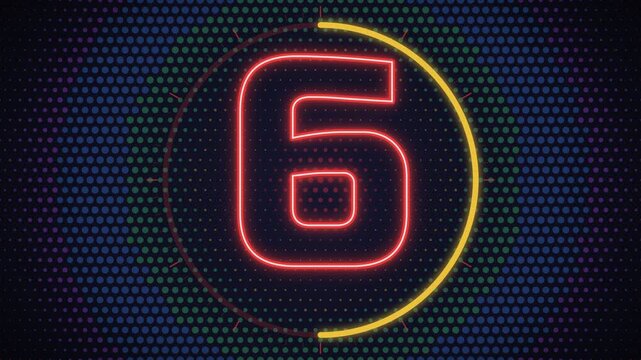 Neon countdown timer showing numbers 10, 5, and 0 with a dotted background and circular progress indicators