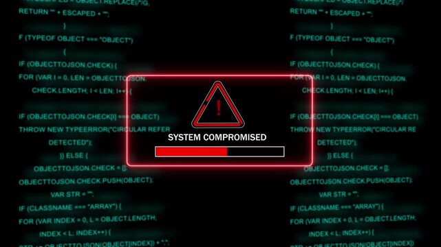 Cybersecurity breach alert with system compromised warning message and red loading progress bar overlaying scrolling digital programming source code background, for high-tech data, protection concepts