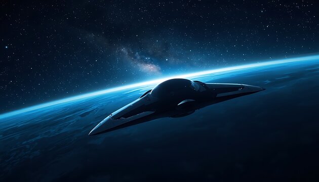 Futuristic spacecraft flying above the planet in deep space cosmos