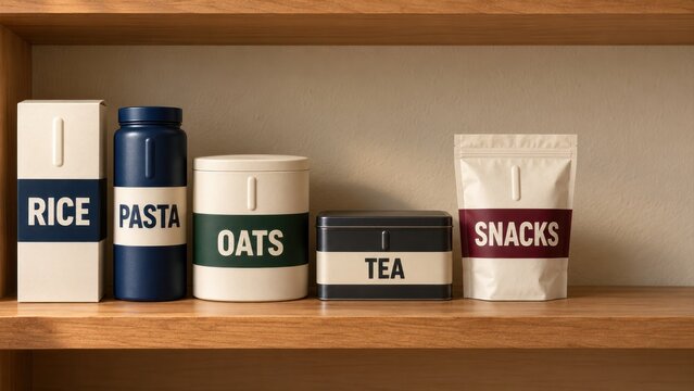 Accessible pantry packaging mockup with tactile ridges and high contrast labels on wooden shelf
