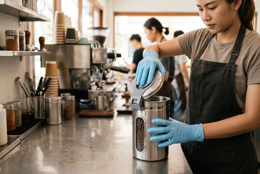 Female barista in gloves opening accessible stainless steel container with easy open latch in coffee shop