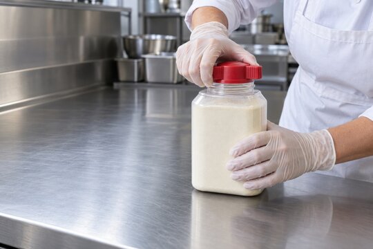 Chef in gloves opening accessible food container with ergonomic winged cap in commercial kitchen