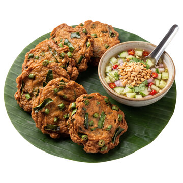 Thai fried fish cakes tod mun pla on banana leaf with cucumber peanut dipping sauce isolated on transparent background