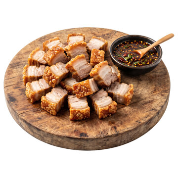 Thai crispy pork belly moo krob cubes on wooden board with sweet soy chili sauce isolated on transparent background