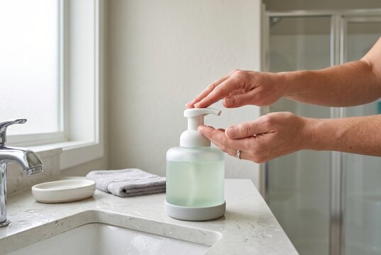 Person using accessible soap pump dispenser with wide head and anti slip base in bathroom