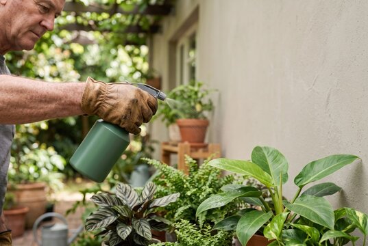 Senior man gardening with accessible ergonomic spray bottle and gloves for inclusive design