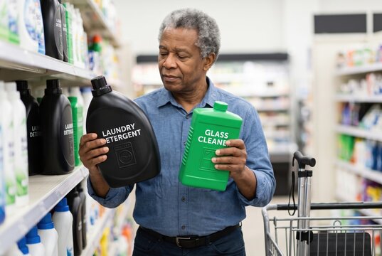 Senior man comparing accessible cleaning bottles with tactile symbols and high contrast labels in supermarket