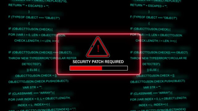 Cybersecurity warning alert featuring a security patch required notification overlaying scrolling digital source code background, for software vulnerability, system update, and, network protection