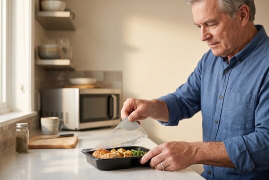 Senior man opening accessible prepared meal tray with easy peel film in kitchen