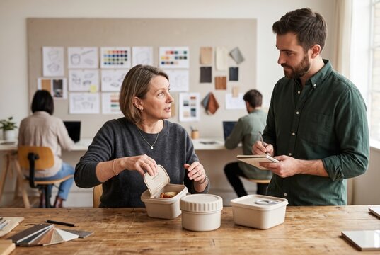 Senior woman testing accessible food container prototype with researcher during usability evaluation