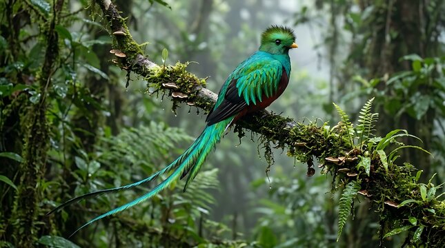 Resplendent quetzal bird perched on a mossy branch in a misty