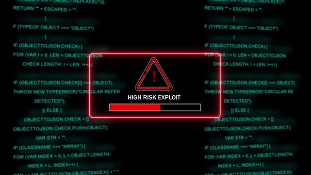Cybersecurity warning alert featuring risk exploit system notification with red progress loading bar overlaid on scrolling digital source code background, for advanced network, protection concepts