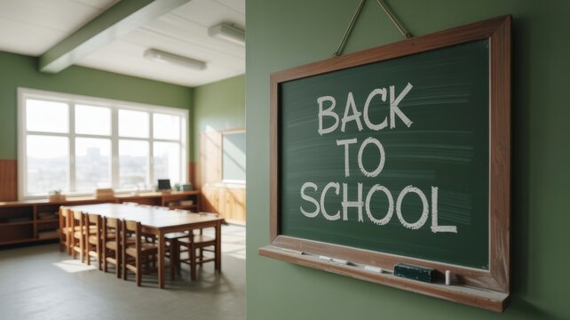 A chalkboard with back to school written in chalk hanging on a green wall in an empty classroom with white chalk hangs learning