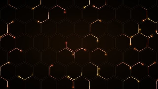 Abstract futuristic hexagonal grid with glowing orange and yellow lines and dots on a dark background