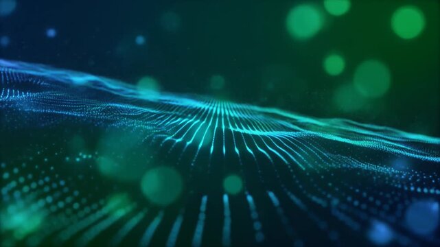 Abstract digital wave patterns with glowing bokeh in deep blue and green underwater setting
