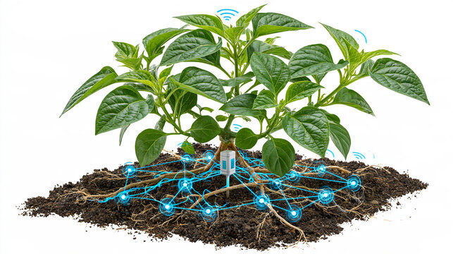 Smart agriculture green plant growing with digital sensor soil network technology connecting underground roots
