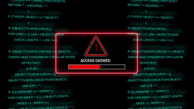 Cyber security warning interface featuring access deemed error message with red loading progress bar overlaying scrolling digital programming code background, for advanced technology, and hacking
