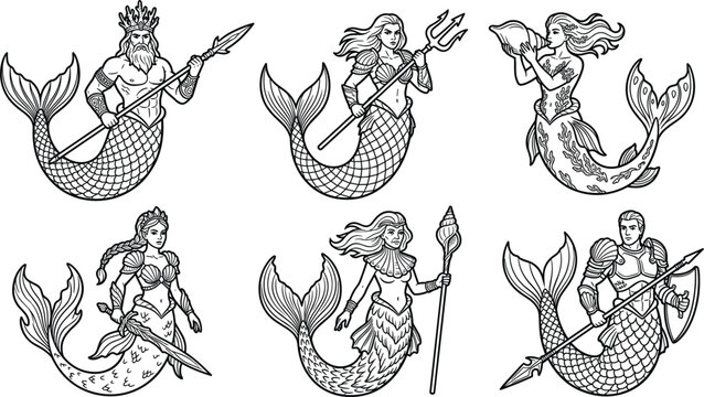 Mythological Mermaid Warriors and Merman Guardians Vector Icon Set Featuring Vintage Black Line Art Style Sea Creatures with Weapons for Fantasy Designs