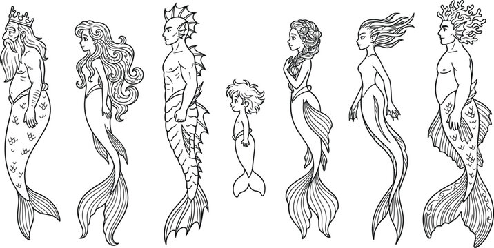 Mythological Mermaid and Merman Family Vector Set Featuring Hand Drawn Black Line Art Characters for Fantasy Tales, Coloring Books, and Nautical Patterns